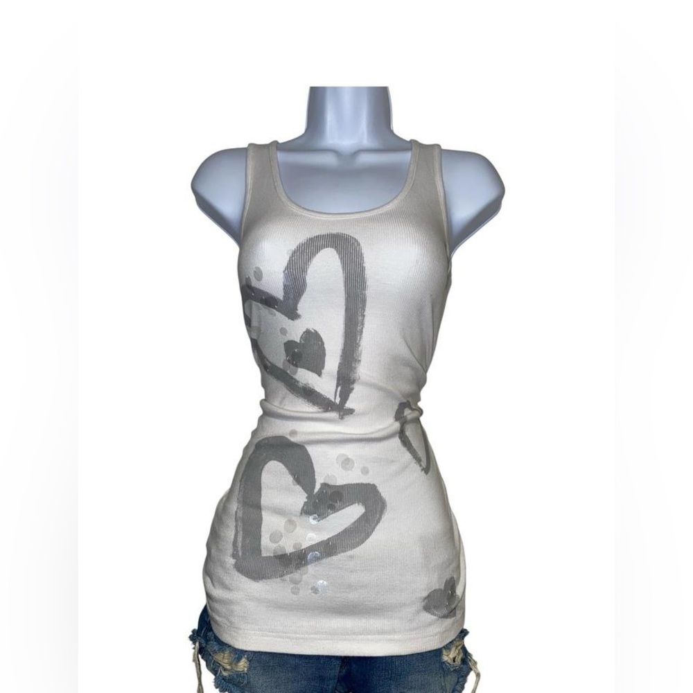 Y2k white ribbed maternity tank top with heart graphics and sequin details